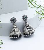 Emerald studded floral design silver jhumkis