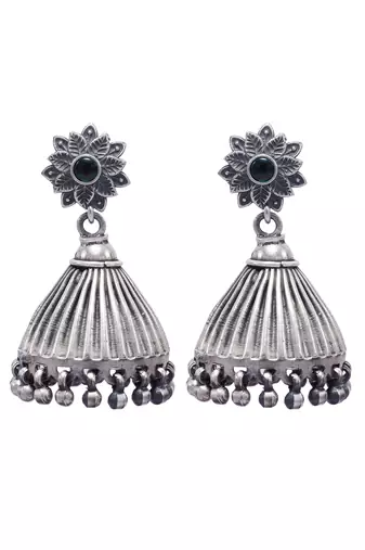 Emerald studded floral design silver jhumkis