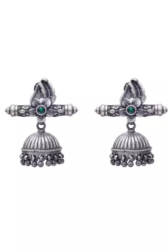 Silver earrings studded with gemstone