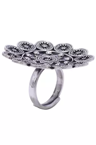 Floral intricate oxidized silver ring
