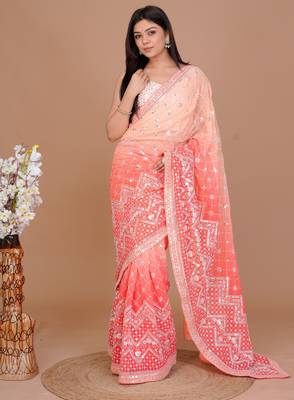 Peach Colour Georgette Fabric Heavy Work Saree WITH UN-STITCHED BLOUSE 1