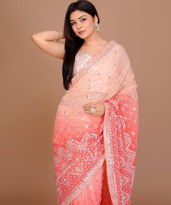 Peach Colour Georgette Fabric Heavy Work Saree WITH UN-STITCHED BLOUSE 3