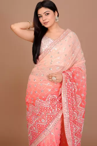Peach Colour Georgette Fabric Heavy Work Saree WITH UN-STITCHED BLOUSE