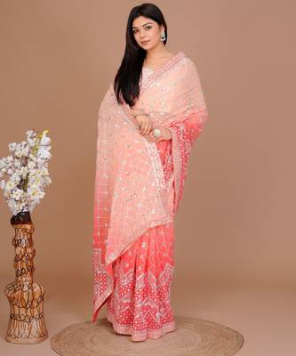 Peach Colour Georgette Fabric Heavy Work Saree WITH UN-STITCHED BLOUSE 4