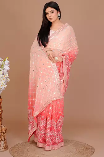 Peach Colour Georgette Fabric Heavy Work Saree WITH UN-STITCHED BLOUSE