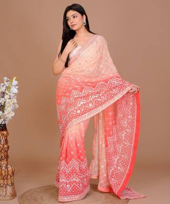 Peach Colour Georgette Fabric Heavy Work Saree WITH UN-STITCHED BLOUSE 5