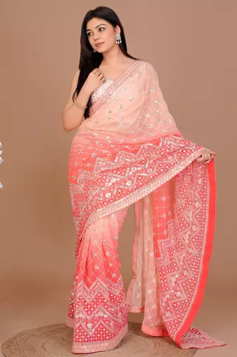 Peach Colour Georgette Fabric Heavy Work Saree WITH UN-STITCHED BLOUSE