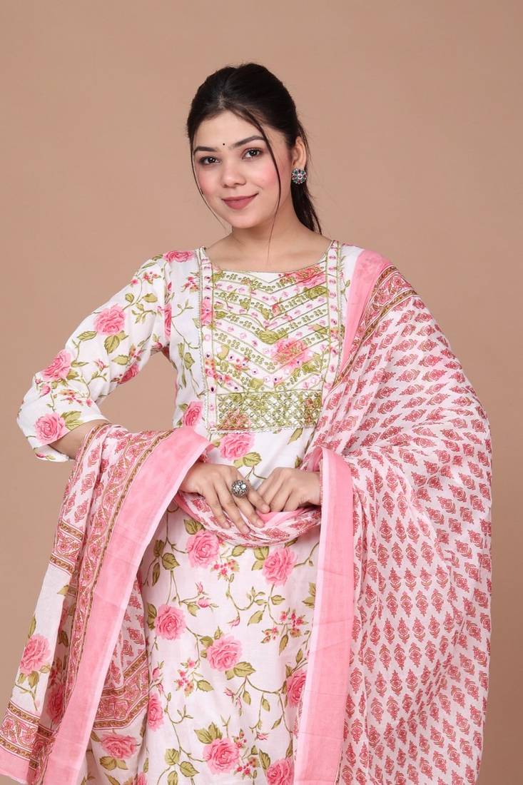 Womens Pink Embroidered Straight  Kurta with Dupatta & palazzo set