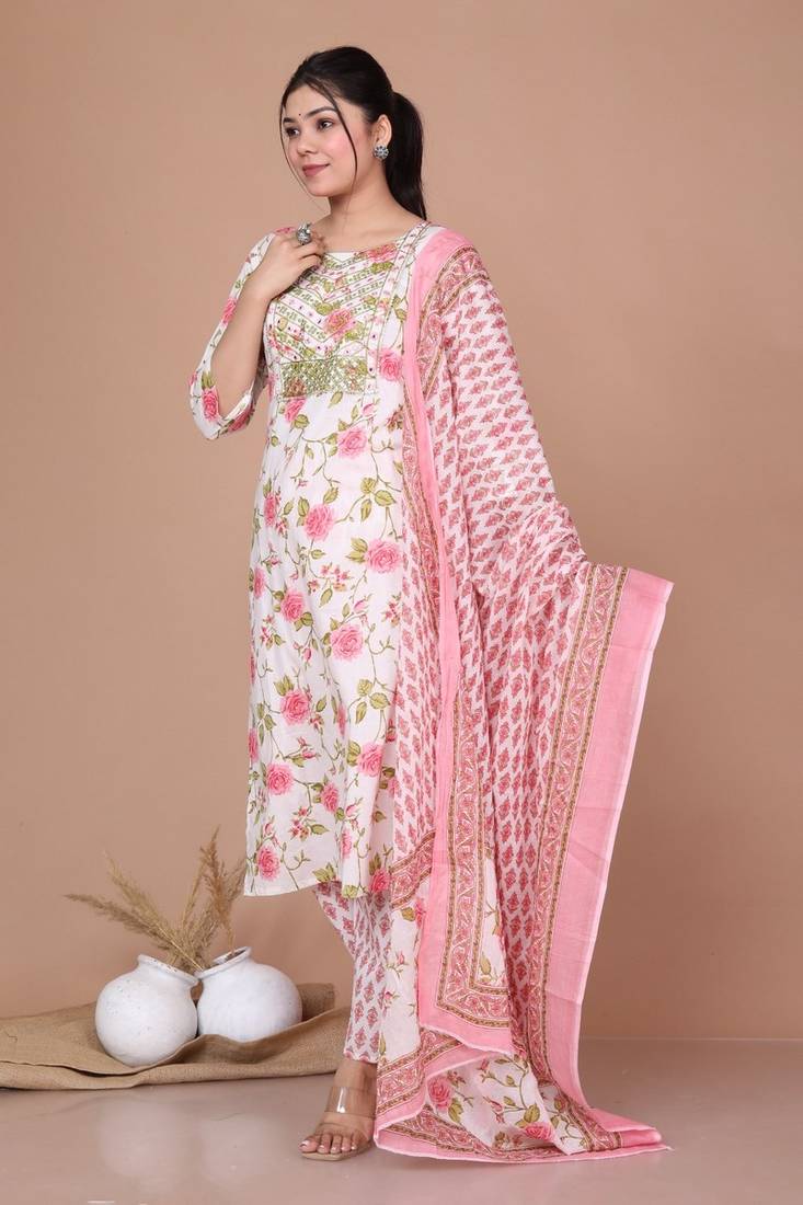Womens Pink Embroidered Straight  Kurta with Dupatta & palazzo set