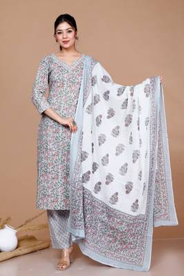 Womens Blue Gota Patti Cotton Kurta With Palazzo And Dupatta 1