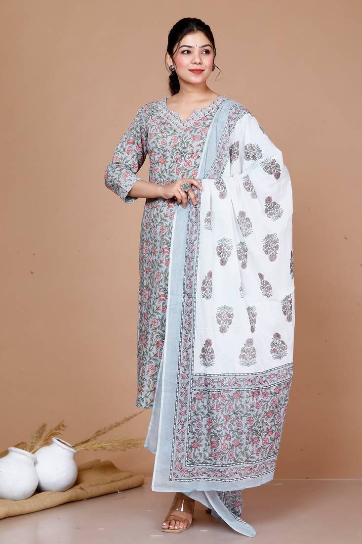 Womens Blue Gota Patti Cotton Kurta With Palazzo And Dupatta