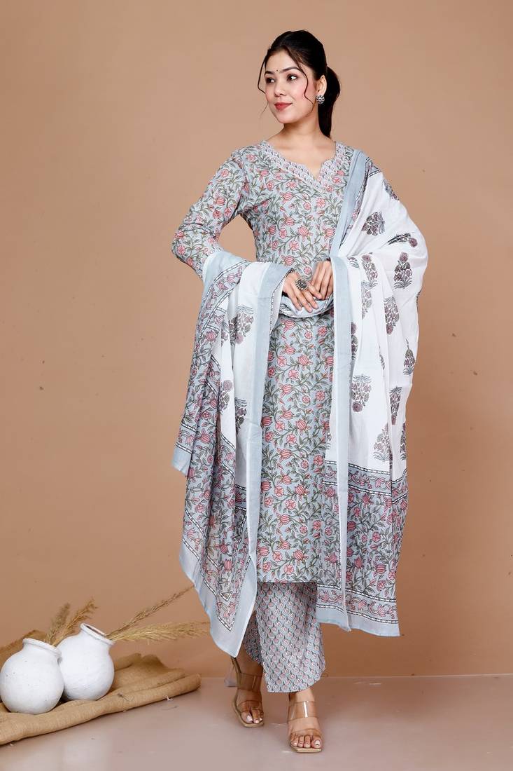 Womens Blue Gota Patti Cotton Kurta With Palazzo And Dupatta