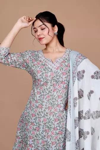 Womens Blue Gota Patti Cotton Kurta With Palazzo And Dupatta