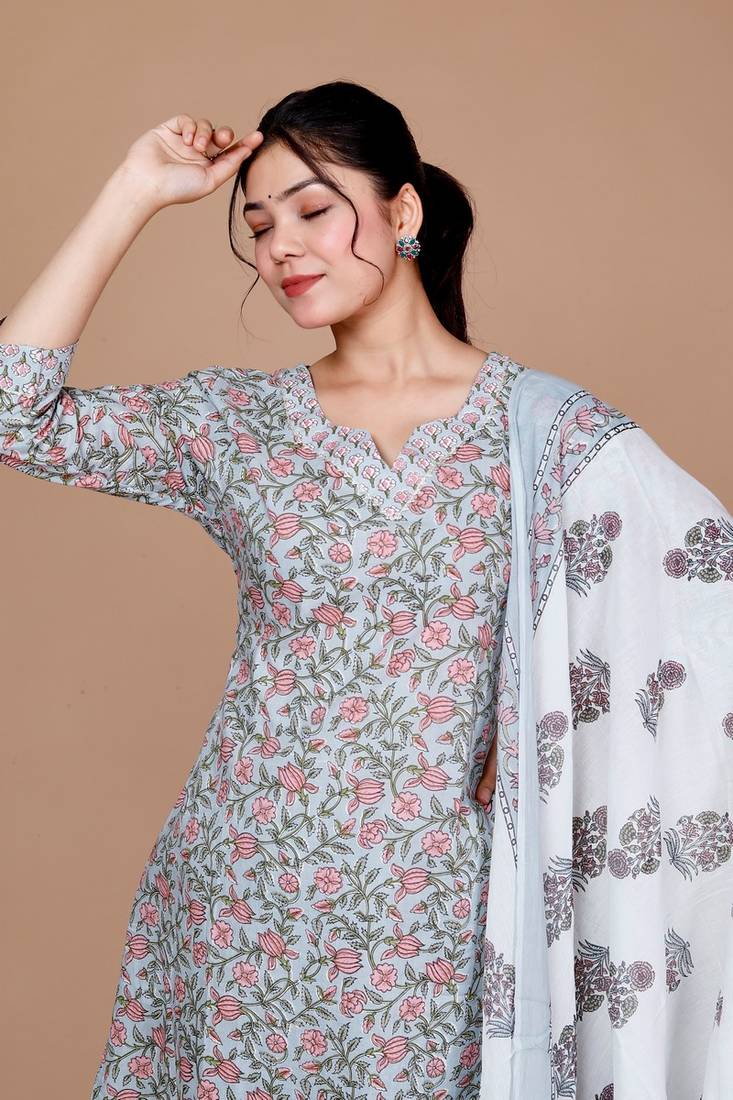 Womens Blue Gota Patti Cotton Kurta With Palazzo And Dupatta