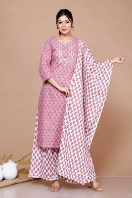 Women Pink Floral Printed Gotta Patti Cotton Kurta with Palazzos & With Dupatta 1