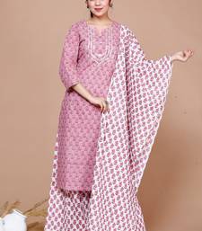 Women Pink Floral Printed Gotta Patti Cotton Kurta with Palazzos & With Dupatta