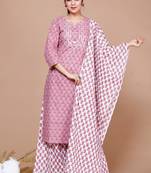 Women Pink Floral Printed Gotta Patti Cotton Kurta with Palazzos & With Dupatta