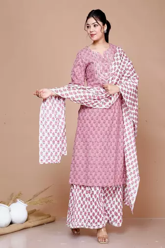 Women Pink Floral Printed Gotta Patti Cotton Kurta with Palazzos & With Dupatta