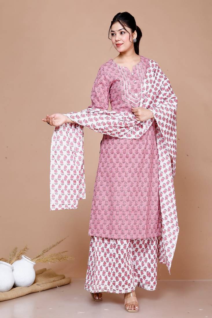 Women Pink Floral Printed Gotta Patti Cotton Kurta with Palazzos & With Dupatta