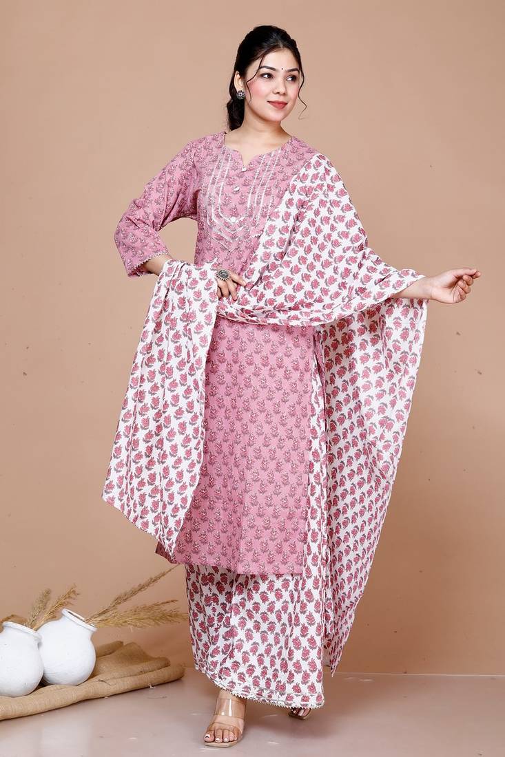 Women Pink Floral Printed Gotta Patti Cotton Kurta with Palazzos & With Dupatta