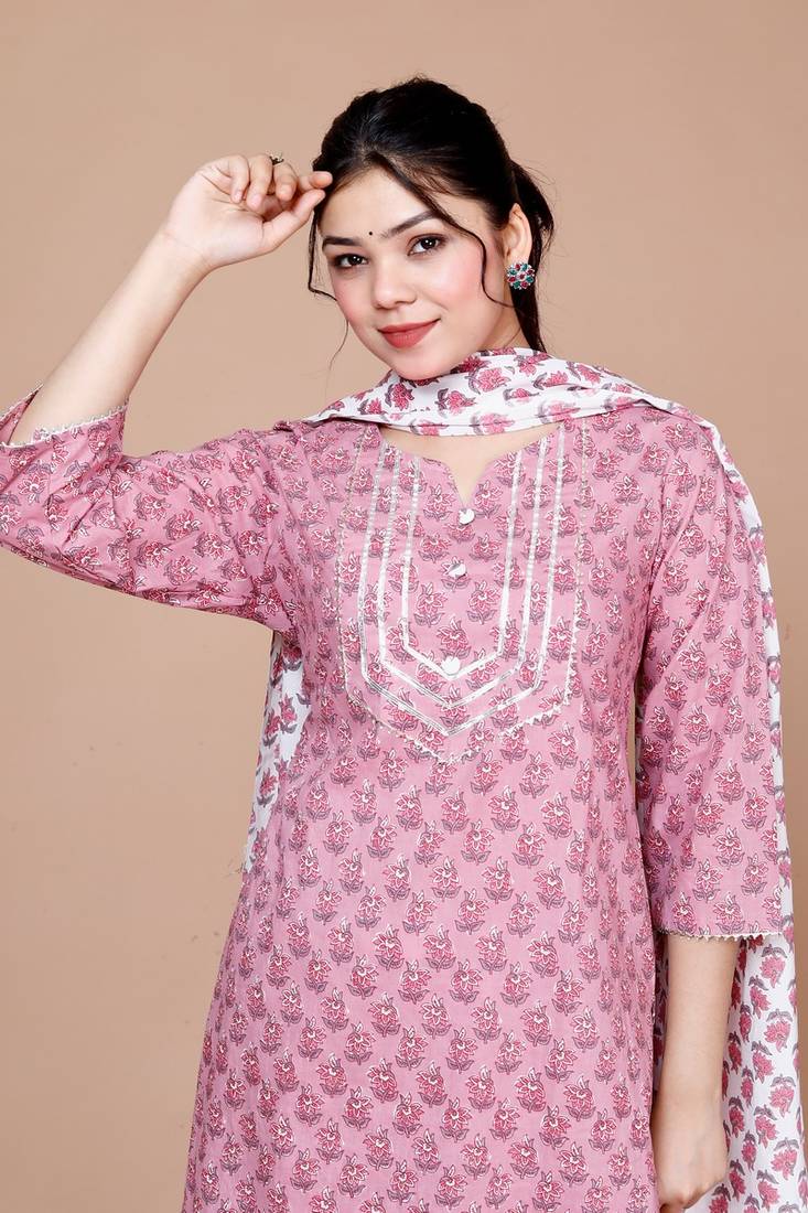 Women Pink Floral Printed Gotta Patti Cotton Kurta with Palazzos & With Dupatta