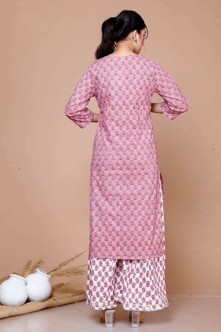 Womens Cotton Straight Floral Printed Kurta Palazzo