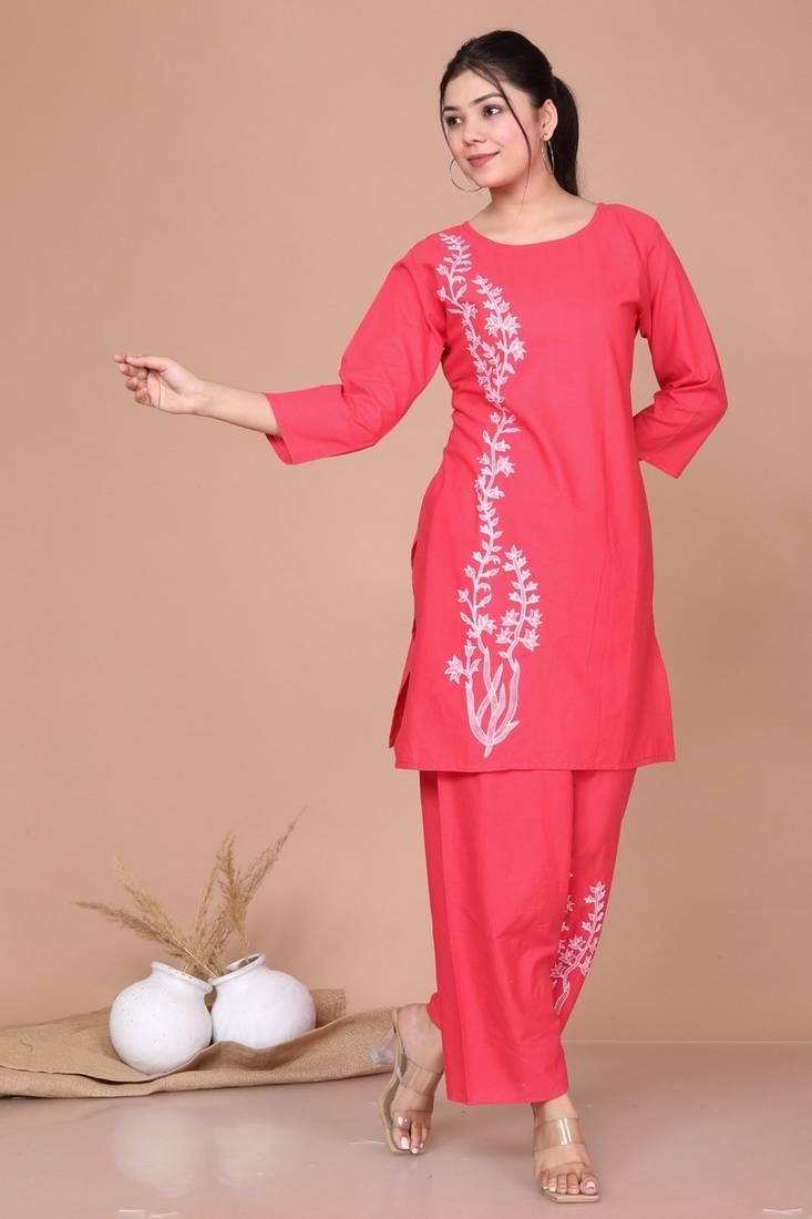 Women's Red Colour Printed Cotton Co-ord set