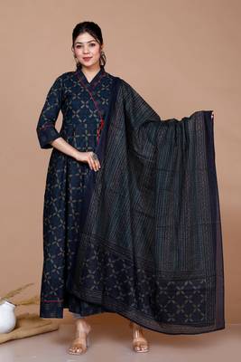 Women's Abstract Printed & Tasseles Angrakha Kurta with Blue Dupatta set 1