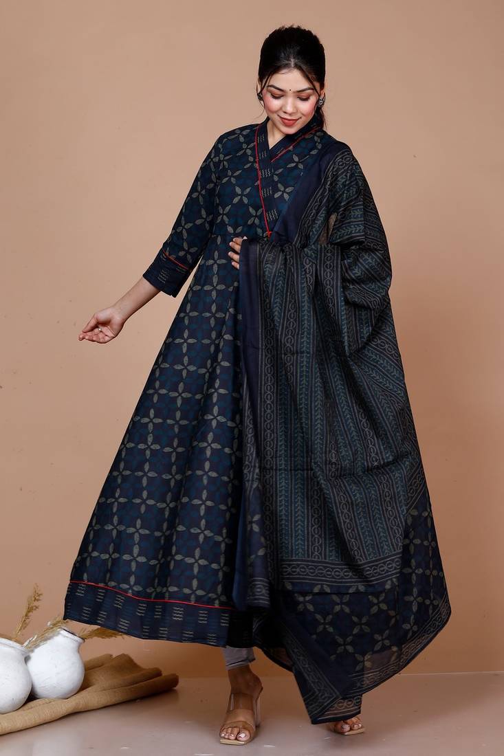 Women's Abstract Printed & Tasseles Angrakha Kurta with Blue Dupatta set