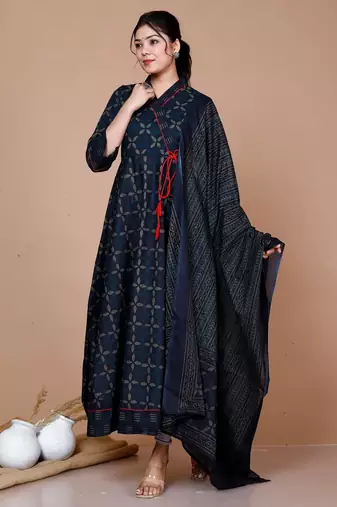 Women's Abstract Printed & Tasseles Angrakha Kurta with Blue Dupatta set