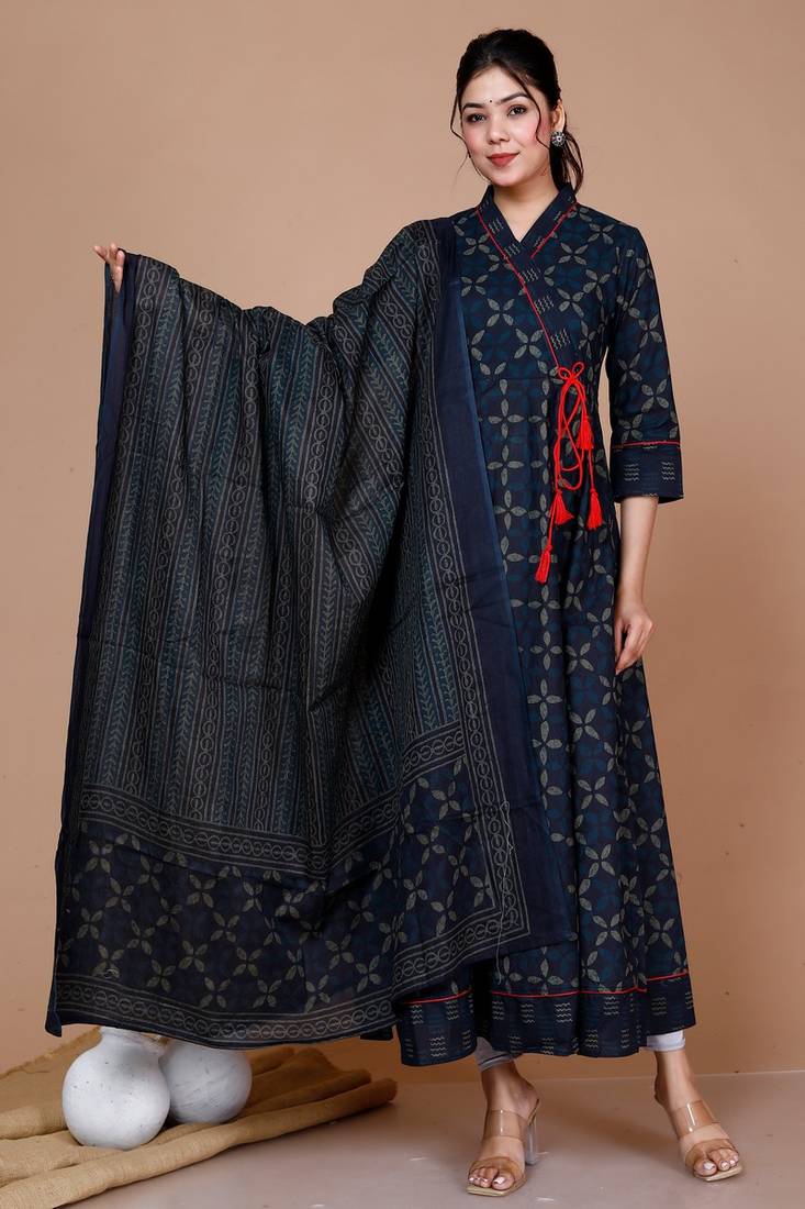 Women's Abstract Printed & Tasseles Angrakha Kurta with Blue Dupatta set