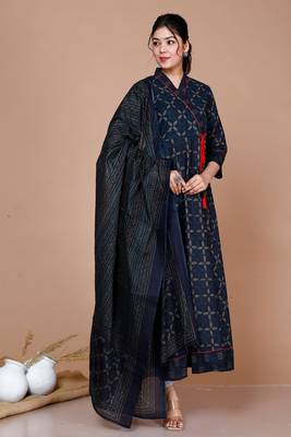 Women's Abstract Printed & Tasseles Angrakha Kurta with Blue Dupatta set 5