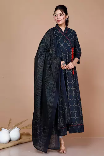 Women's Abstract Printed & Tasseles Angrakha Kurta with Blue Dupatta set