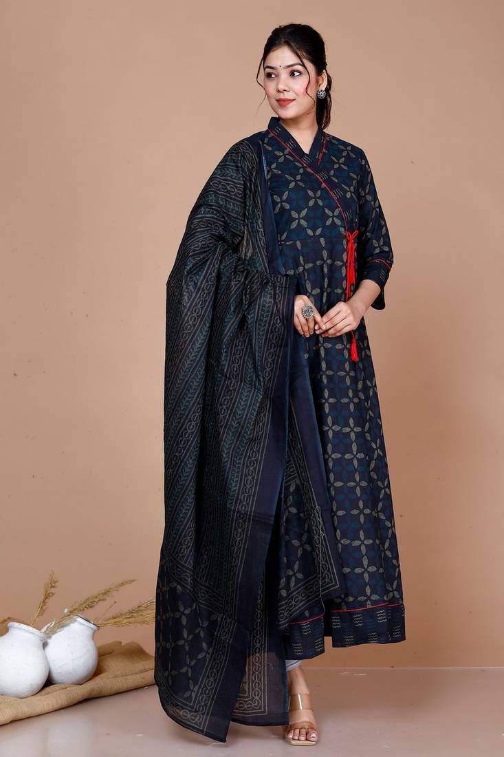 Women's Abstract Printed & Tasseles Angrakha Kurta with Blue Dupatta set