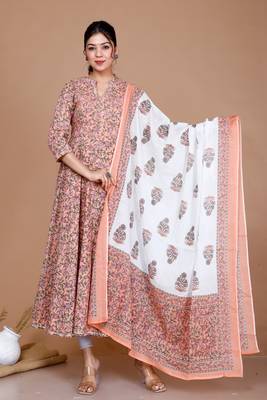 Surpassing Orange Partywear Floral Printed Anarkali Kurta Dupatta 1