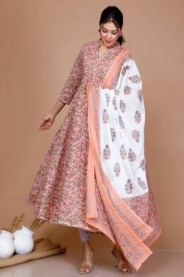 Surpassing Orange Partywear Floral Printed Anarkali Kurta Dupatta