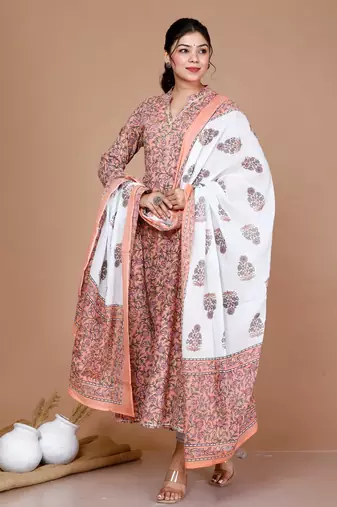 Surpassing Orange Partywear Floral Printed Anarkali Kurta Dupatta