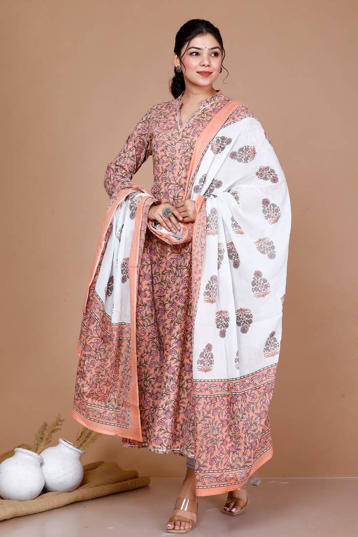 Surpassing Orange Partywear Floral Printed Anarkali Kurta Dupatta
