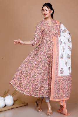 Surpassing Orange Partywear Floral Printed Anarkali Kurta Dupatta 4