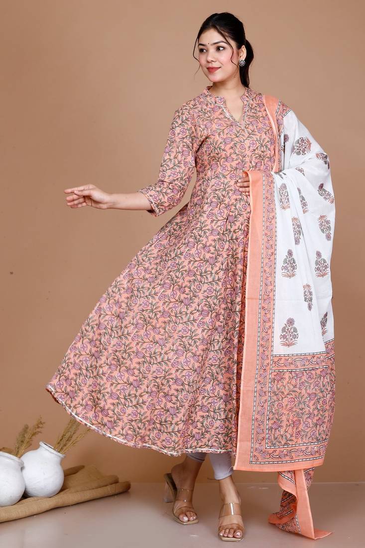 Surpassing Orange Partywear Floral Printed Anarkali Kurta Dupatta