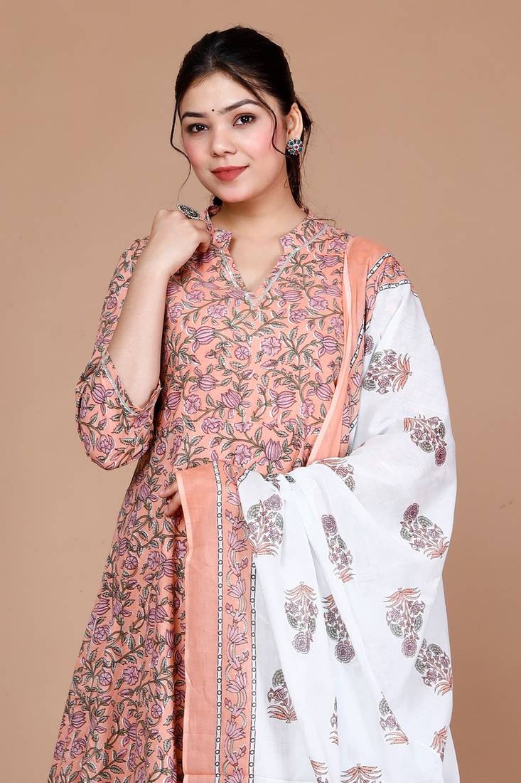 Surpassing Orange Partywear Floral Printed Anarkali Kurta Dupatta