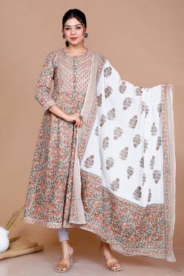 Brown Floral Printed Gota Work Long Anarkali Kurta with Dupatta 1