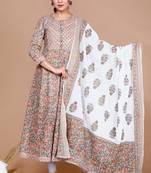 Brown Floral Printed Gota Work Long Anarkali Kurta with Dupatta
