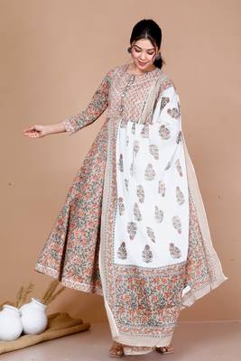 Brown Floral Printed Gota Work Long Anarkali Kurta with Dupatta 2