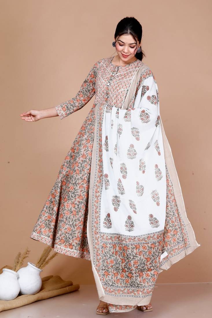 Brown Floral Printed Gota Work Long Anarkali Kurta with Dupatta