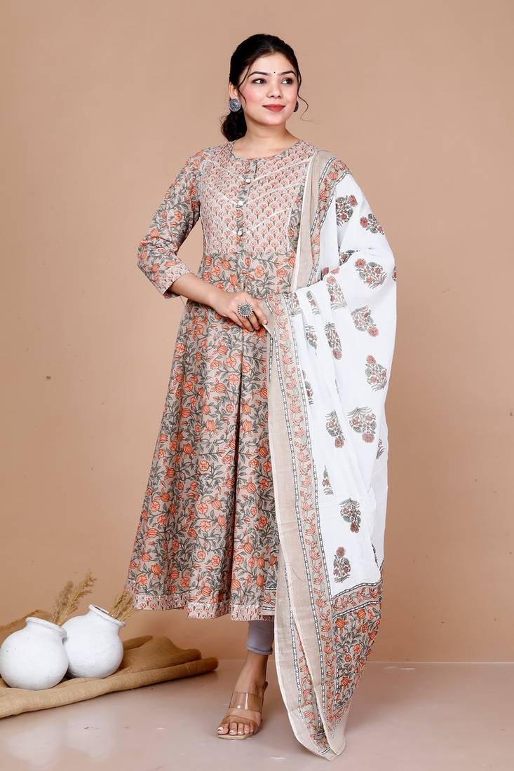 Brown Floral Printed Gota Work Long Anarkali Kurta with Dupatta