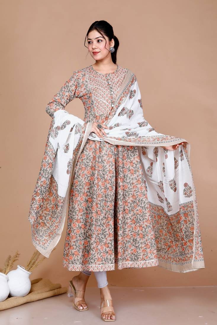 Brown Floral Printed Gota Work Long Anarkali Kurta with Dupatta