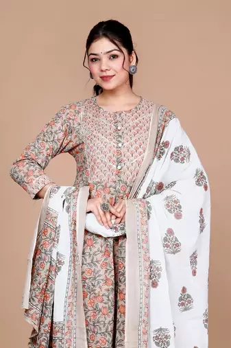 Brown Floral Printed Gota Work Long Anarkali Kurta with Dupatta