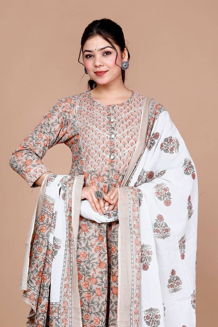 Brown Floral Printed Gota Work Long Anarkali Kurta with Dupatta