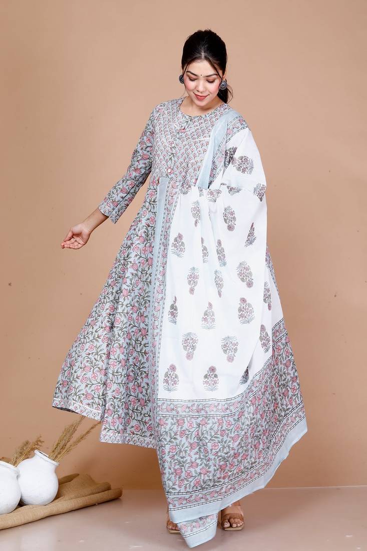 Blue Printed with Gota Patti Work Anarkali Kurta with Dupatta